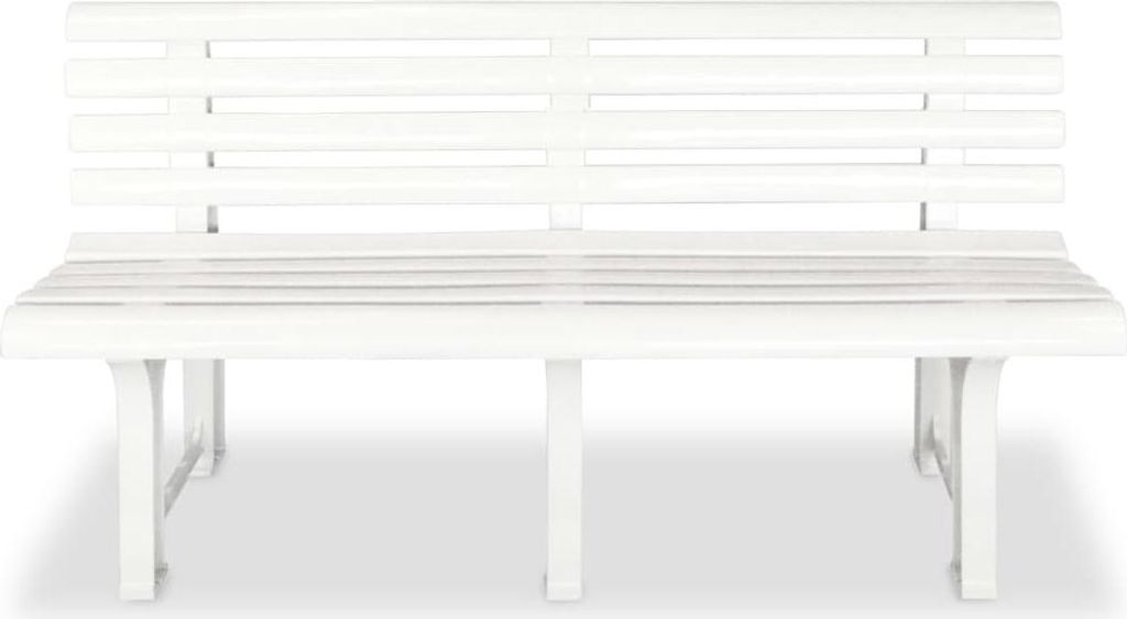 A white garden bench is shown from the front against a white background.