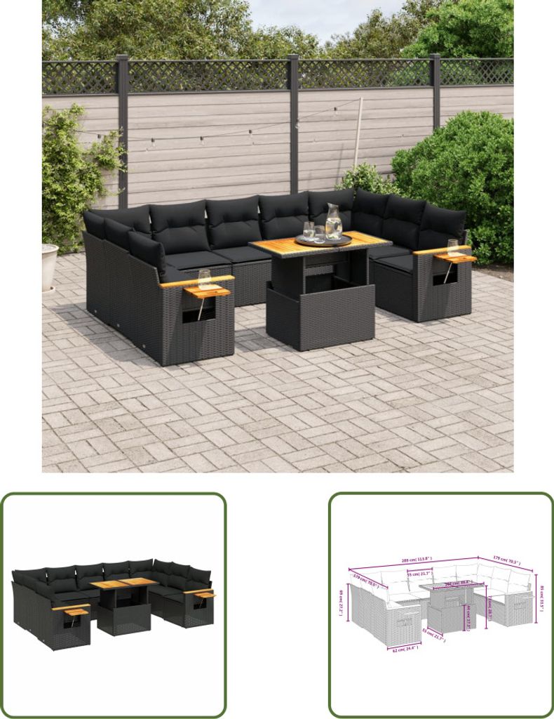 The Living Store 10-tlg. Garten-Sofagarnitur mit Kissen Schwarz Poly Rattan