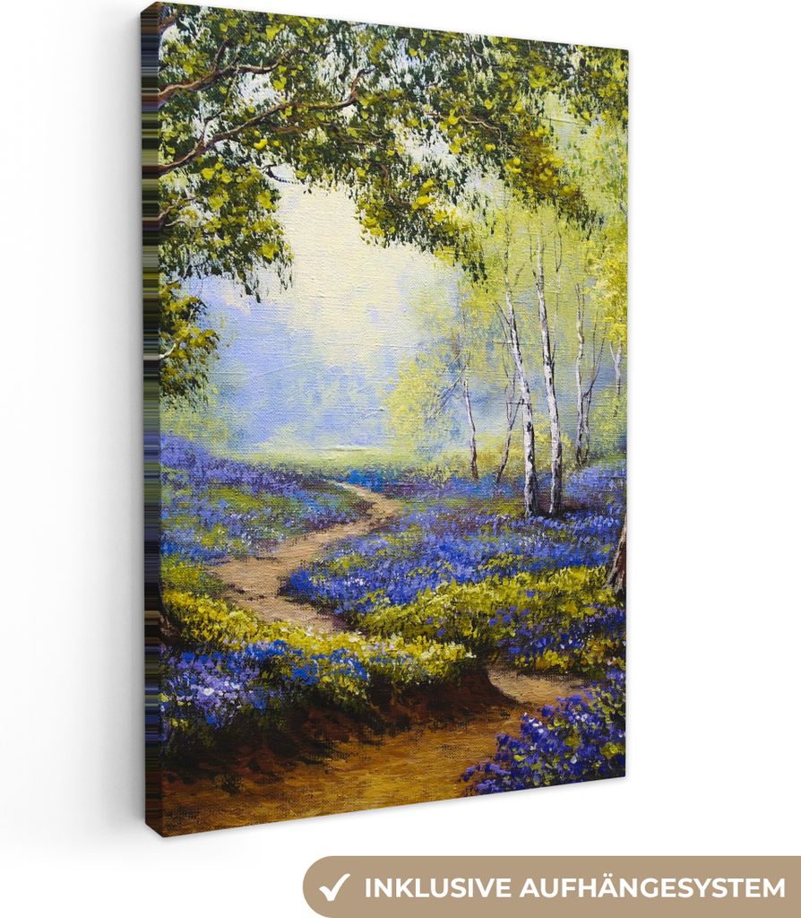 MuchoWow - Leinwandbilder - Gemälde - Natur - Wald - Blumen - Ölfarbe, Wandbild, Wanddeko Bilder Wohnzimmer, 60x90 cm