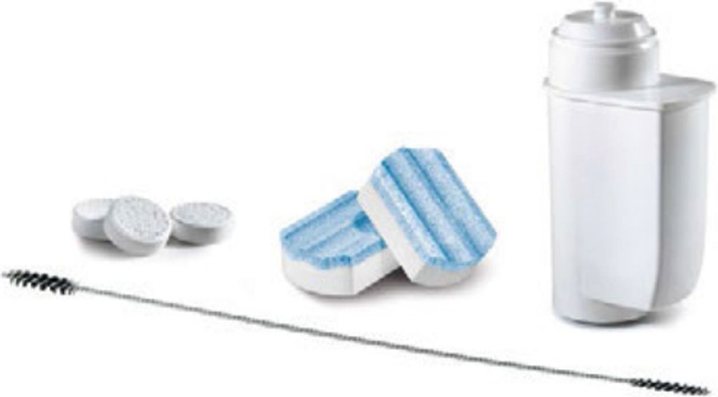 A set of cleaning and maintenance items for a coffee machine, including cleaning tablets, filter cartridges, and a brush.