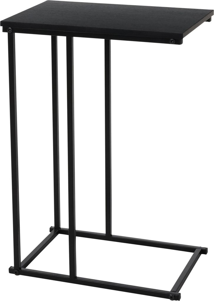 A black side table with an MDF top and a metal frame.