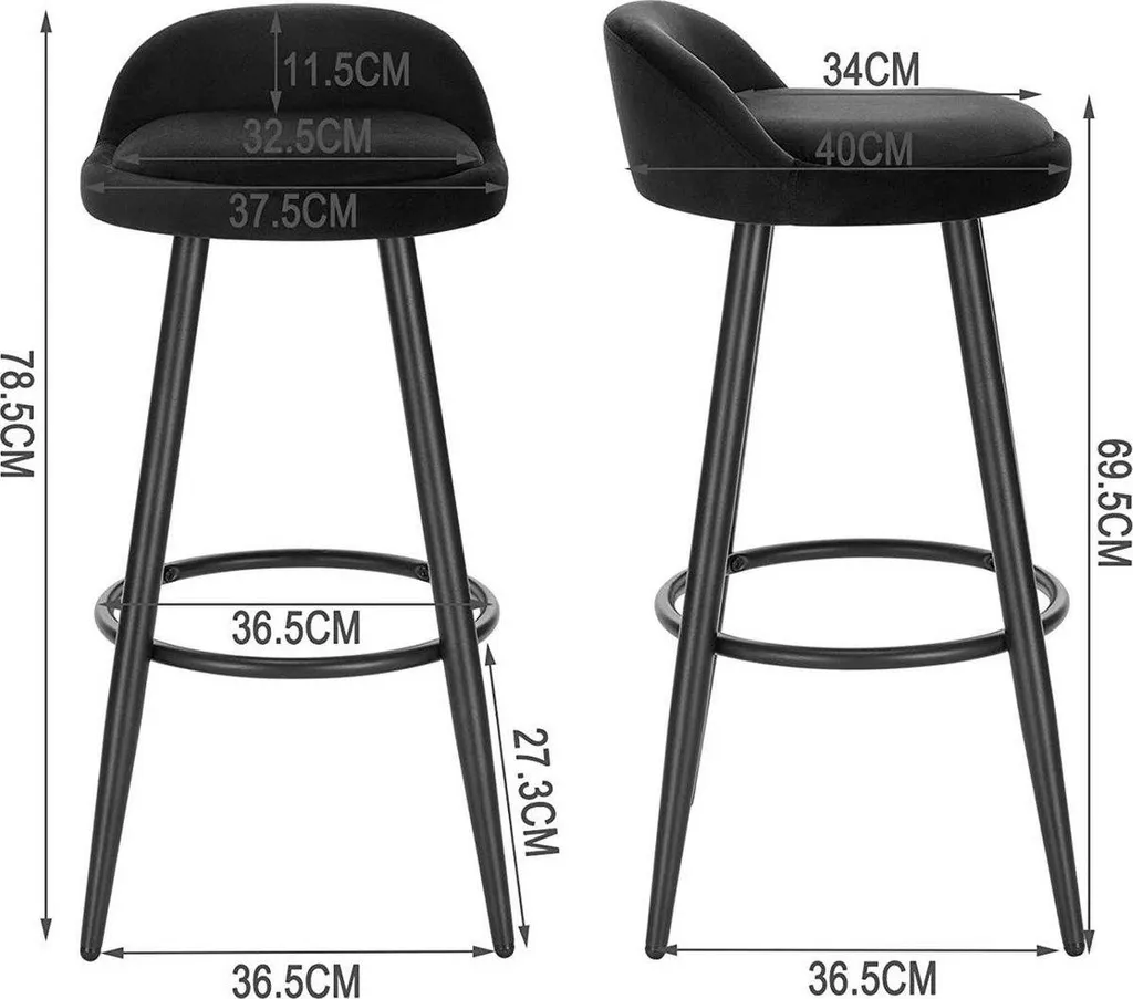 Tabouret de Bar Velours Noir 69cm Ergonomique avec Dossier Stable - 5