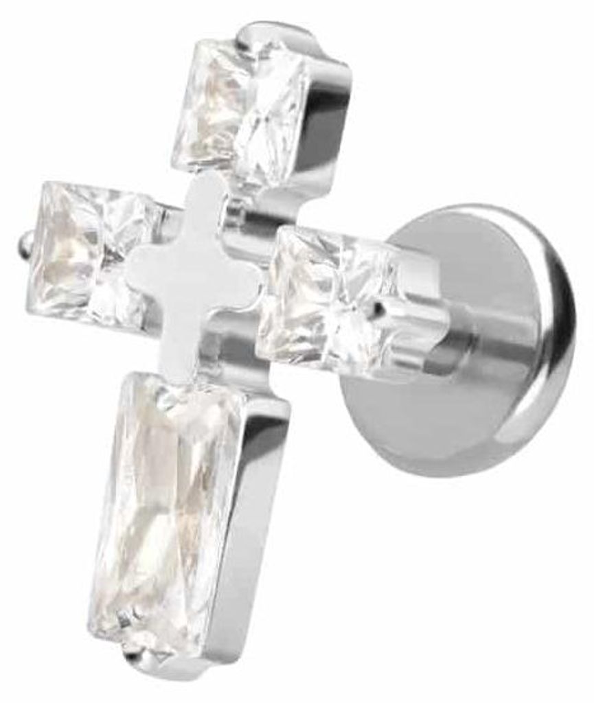 Ohrpiercing, Nasenpiercing Titan Labret mit Push Fit KRISTALLKREUZ Silber Stablänge: 5mm | Stabstärke: 1mm