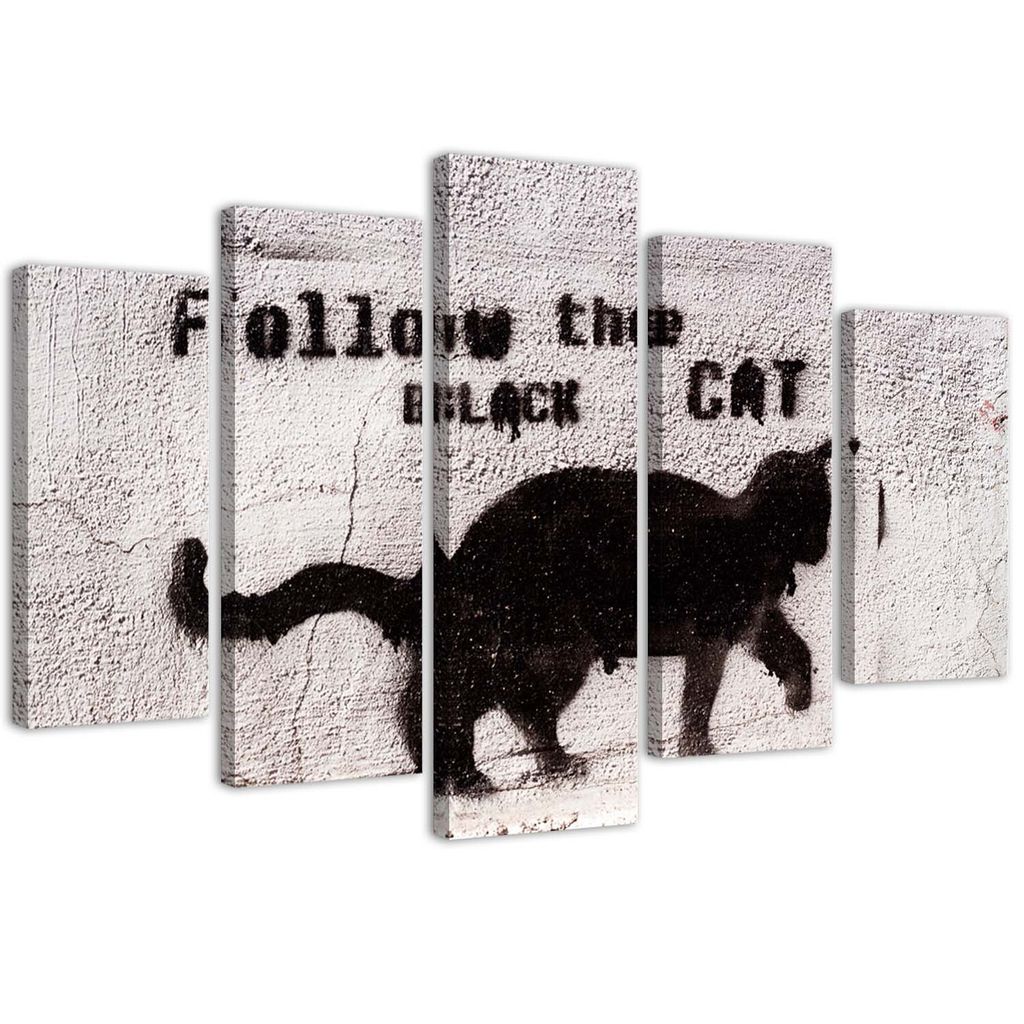 5-teiliges leinwandbild schwarze katze 150x100 cm Feeby grau wandbild bereit zum aufhängen