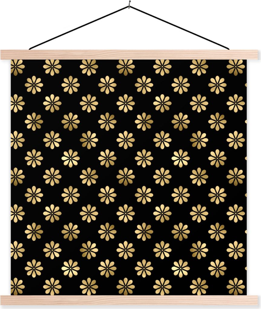 MuchoWow Textilposter Muster - Blumen - Gold 120x120 cm mit holzfarbenen Rahmen - Textil-Poster
