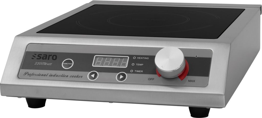 A professional induction cooker is shown from a slightly elevated front-left angle on a light gray surface.