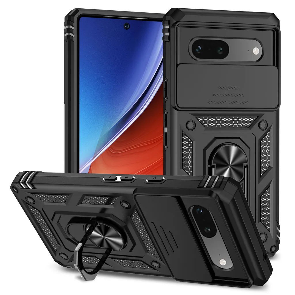 Custodia per Google Pixel 7A a doppio strato con copertura scorrevole della fotocamera e supporto ad anello nero