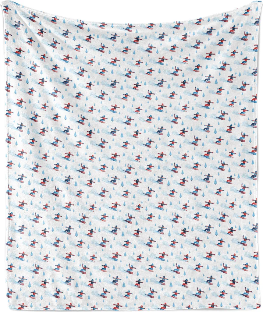 ABAKUHAUS Coperta in morbido pile flanella con motivo sciistico, snowboarder invernali, confortevole peluche per interni ed esterni, 125 x 175 cm, blu bianco vermiglio