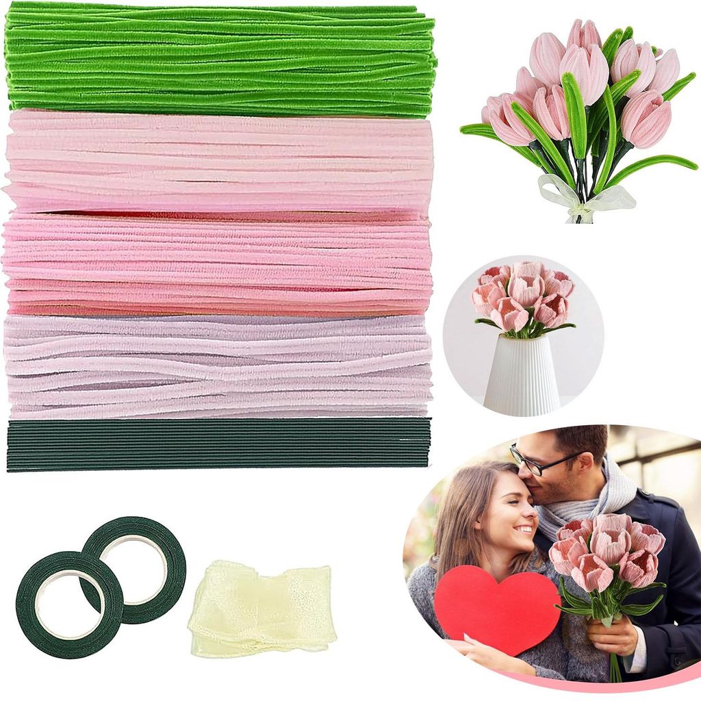 400 stk Pfeifenputzer zum Basteln Blumen, Rosa Tulpen Produktbild 
