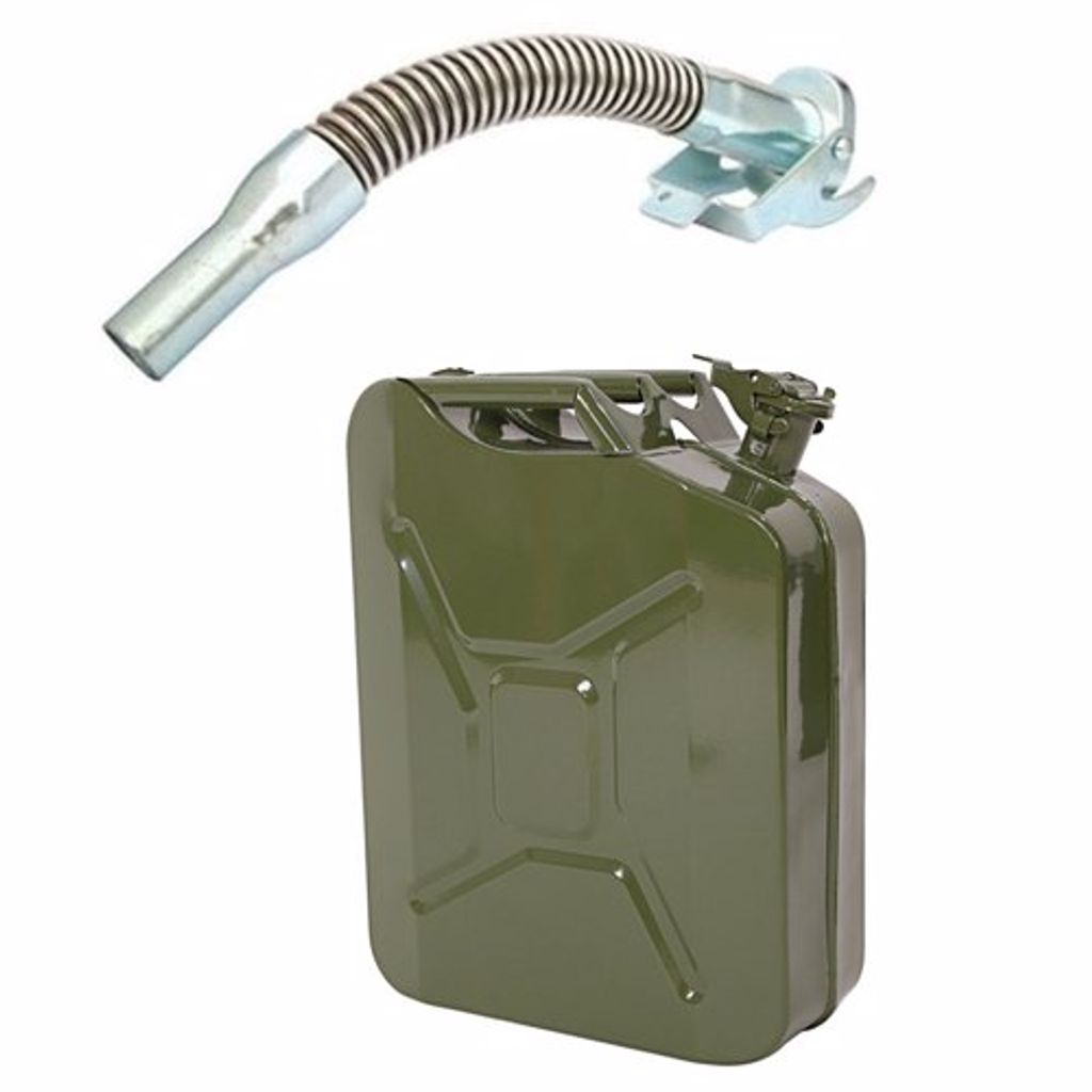 Oxid7® Metall Benzinkanister Kraftstoffkanister olivgrün 20 Liter +  Ausgießer silber/grün