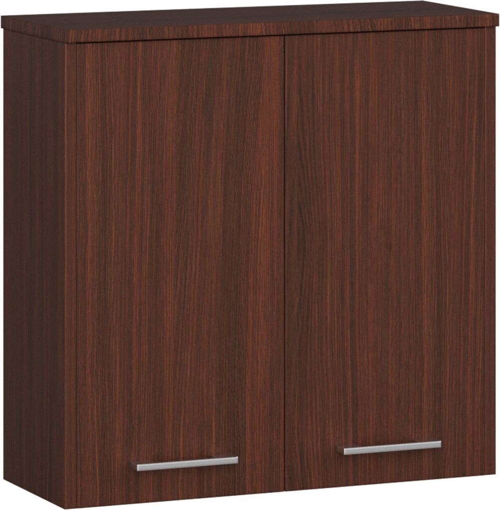 Hängender Badezimmerschrank: zwei Türen, zwei Regale, Farbe: Wenge, Möbelmaße: B: 60 cm, H: 60 cm, T: 22,5 cm.