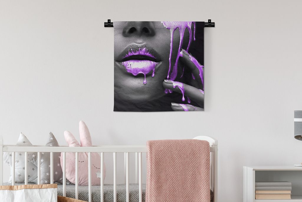 MuchoWow Wandteppich Wandbehang Lippen - Schwarz - Lila 60x60 cm Tapisserie Dekoration Wandtuch - Dekorationen - Wand Decke