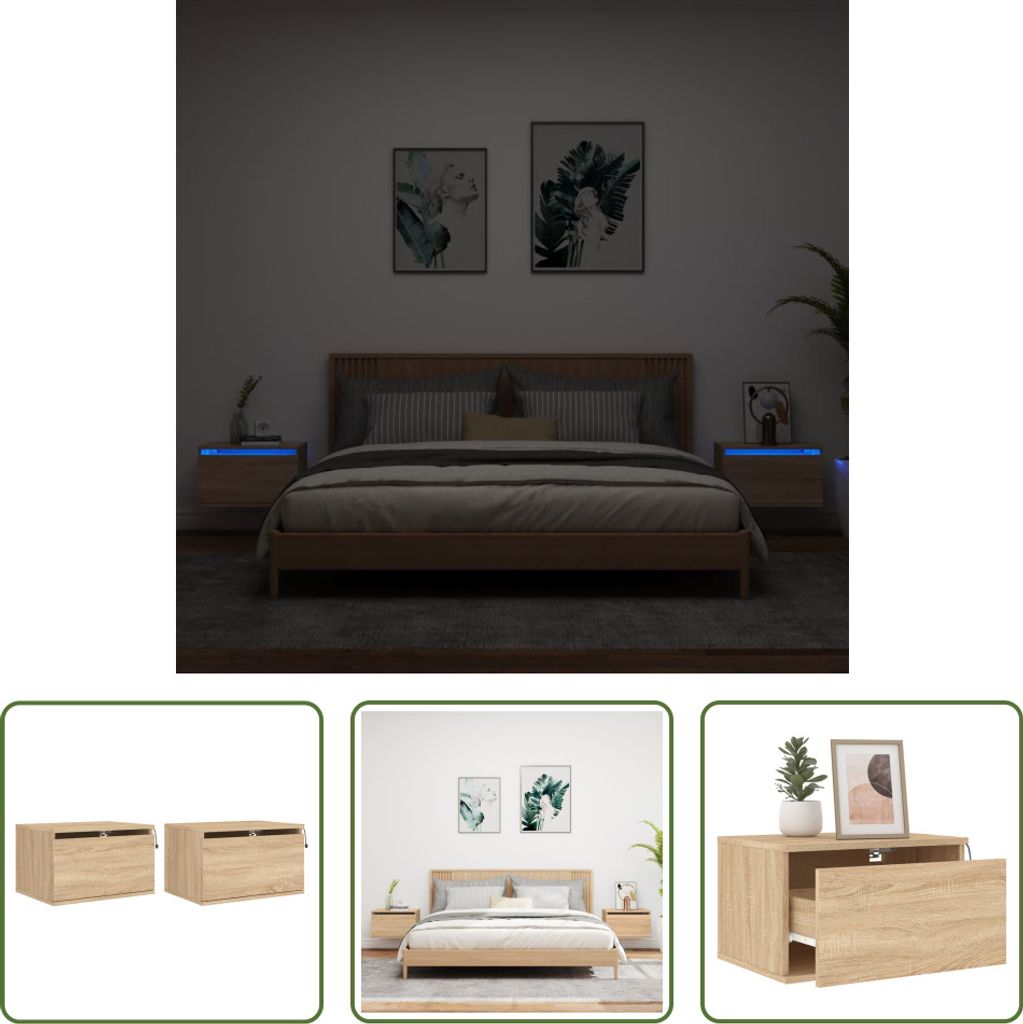 The Living Store Wand-Nachttische mit LED-Leuchten 2 Stk. Sonoma-Eiche