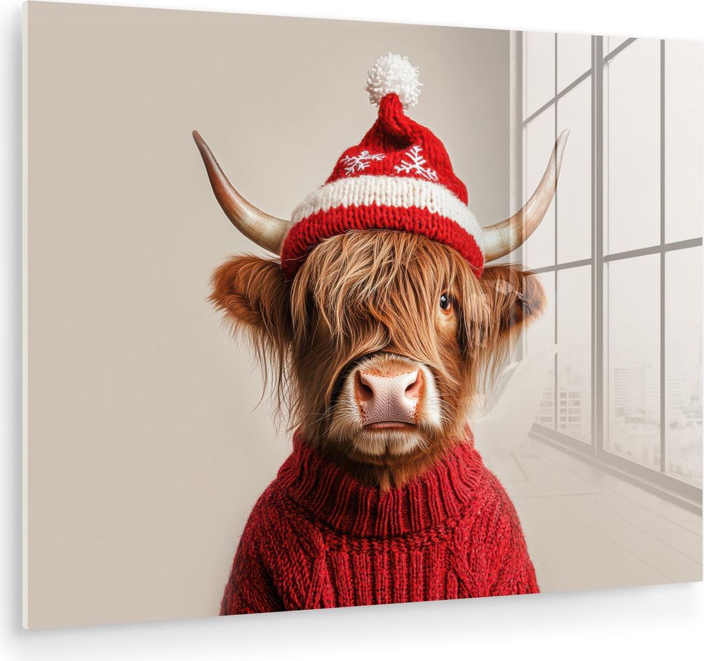MuchoWow Glasbilder - Bilder auf Wandbild - Foto auf Glas Schottisches Hochlandrind - Weihnachten - Mütze - Pullover - Winter 80x60 cm Wanddekorat...
