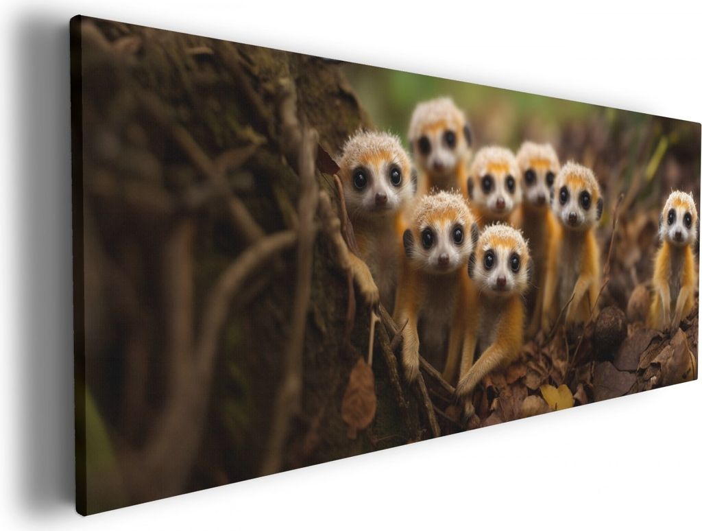 Wallario Premium Leinwandbild Neugierige Erdmännchen in Größe 60 x 150 cm