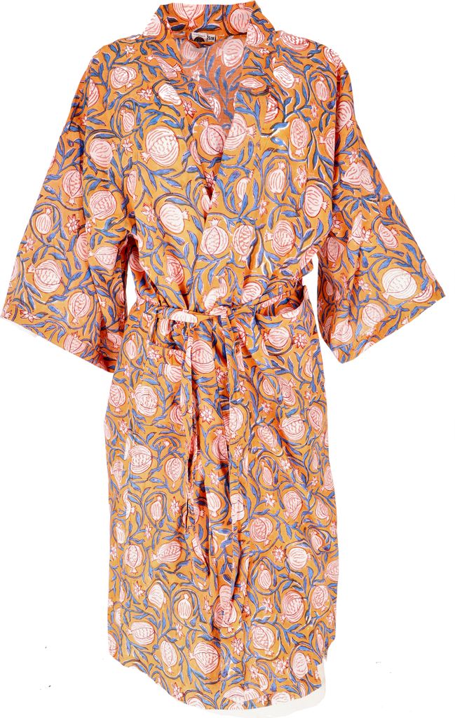 Kimono im Japan Style, Handbedruckter Oversize Baumwoll Kimono Mantel, Kimonokleid - Mango, Damen, Orange, Baumwolle, Größe: L/XL