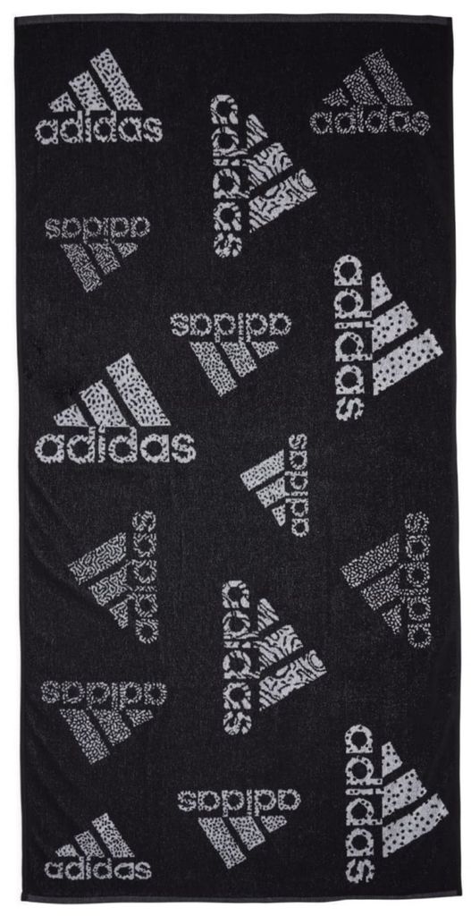 A black towel with multiple white Adidas logos scattered across it.