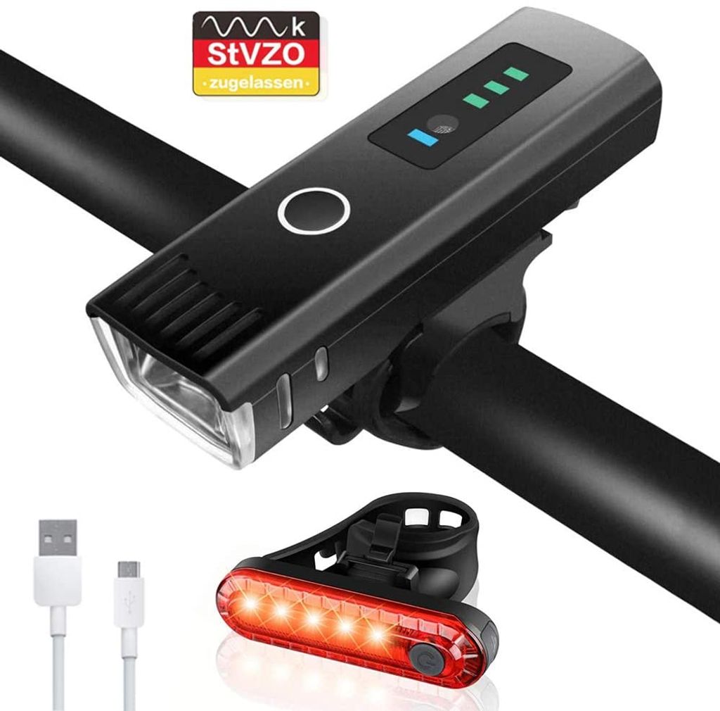 USB wiederaufladbare LED Fahrradlichter Set Scheinwerfer Rücklicht Achtung DEAS 