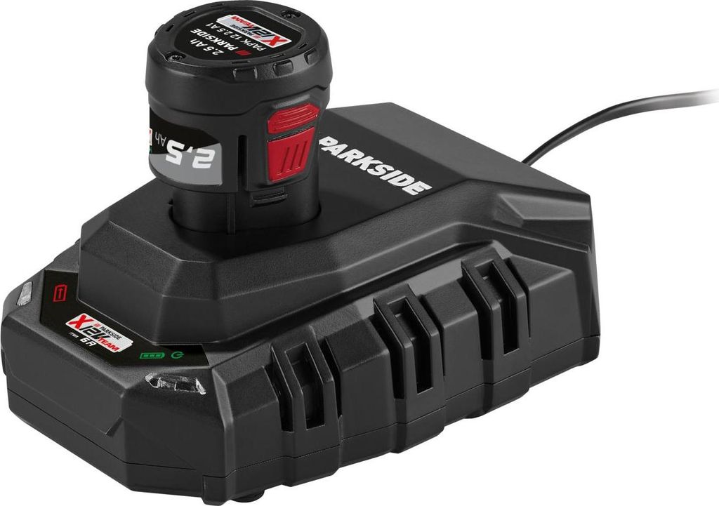 A black battery charger with a black battery inserted, shown from a diagonal angle on a white background.