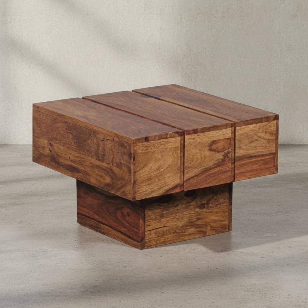 Beistelltisch Massivholz Sheesham Wohnzimmertisch 44 x 44 x 30 cm Couchtisch Massiv Landhaus Cube quadratisch