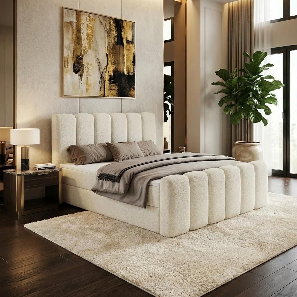 Boxspringbett NOLA 180x200 cm mit Bettkasten inkl. Bonell-Federkernmatratze H3 und Topper – Bouclé-Stoff LAMBI Creme