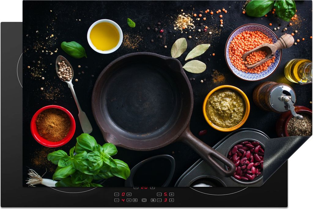 KitchenYeah Herdabdeckplatte Kräuter - Gemüse - Pfanne , 80x52cm, Küche Deko, Glaskeramikkochfeld Herdabdeckung, Abdeckplatte fùr Kochfeld