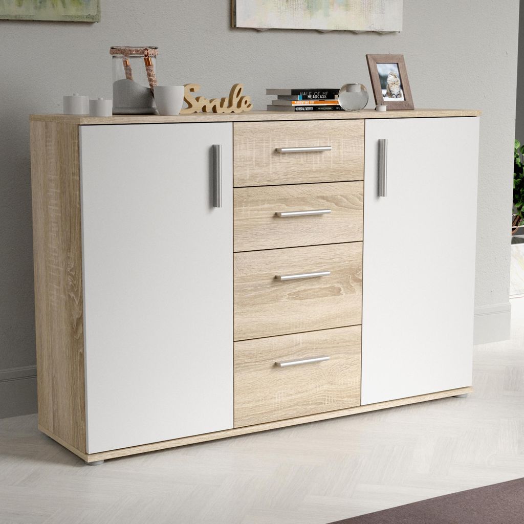 Forte IKOLI Kommode 120, moderne Kommode, 2-türig, 4 Schubladen, Wohn-/Schlafzimmer, Flur, Holzwerkstoff, Weiß mit Sonoma Eiche Holzdekor, 119,6 ...