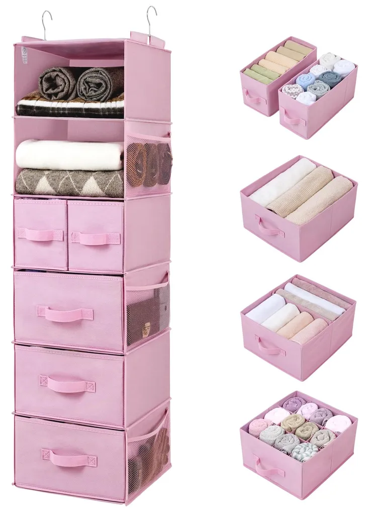 Organiseur suspendu rose pour armoire avec tiroirs de rangement amovibles