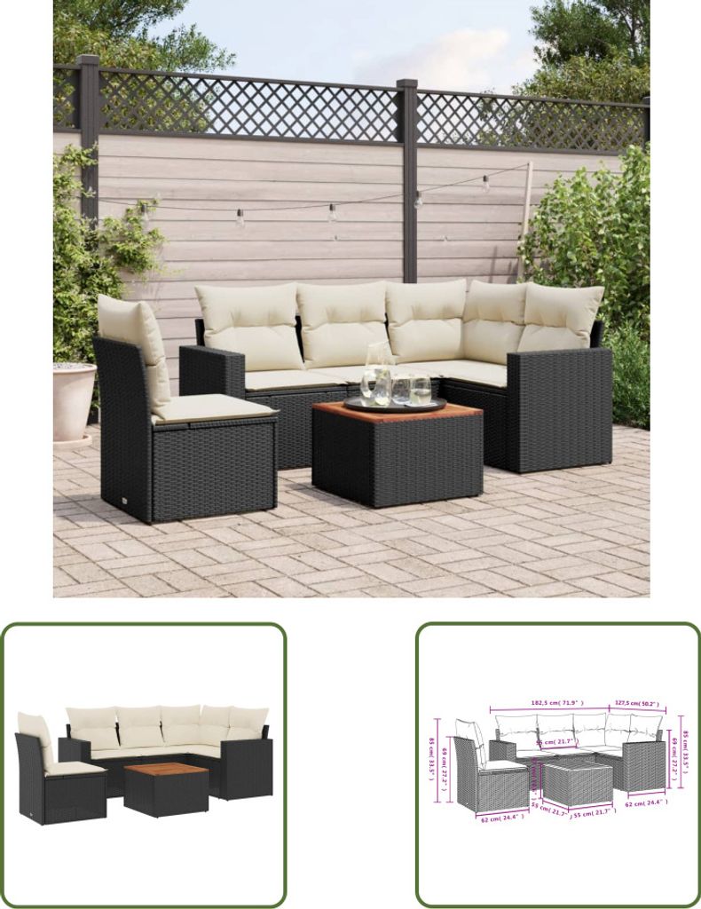 The Living Store 6-tlg. Garten-Sofagarnitur mit Kissen Schwarz Poly Rattan