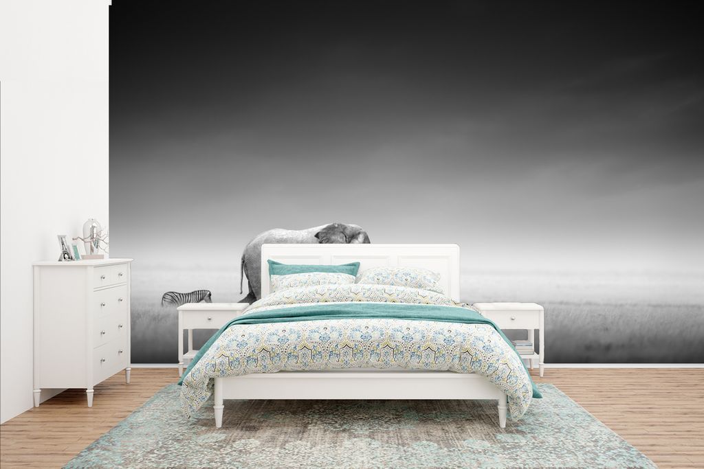 MuchoWow Fototapete für Wohnzimmer oder Schlafzimmer Wandtapete Vinyl Motivtapete Elefant - Tiere - Landschaft - Schwarz und weiß - Zebra - 400...