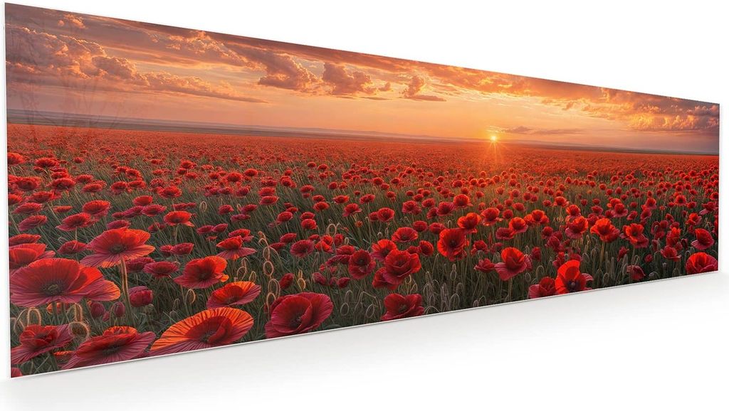 Glasbild 120x40cm in XXL für Wohnzimmer, Schlafzimmer Motiv Mohnfeld Sonnenuntergang