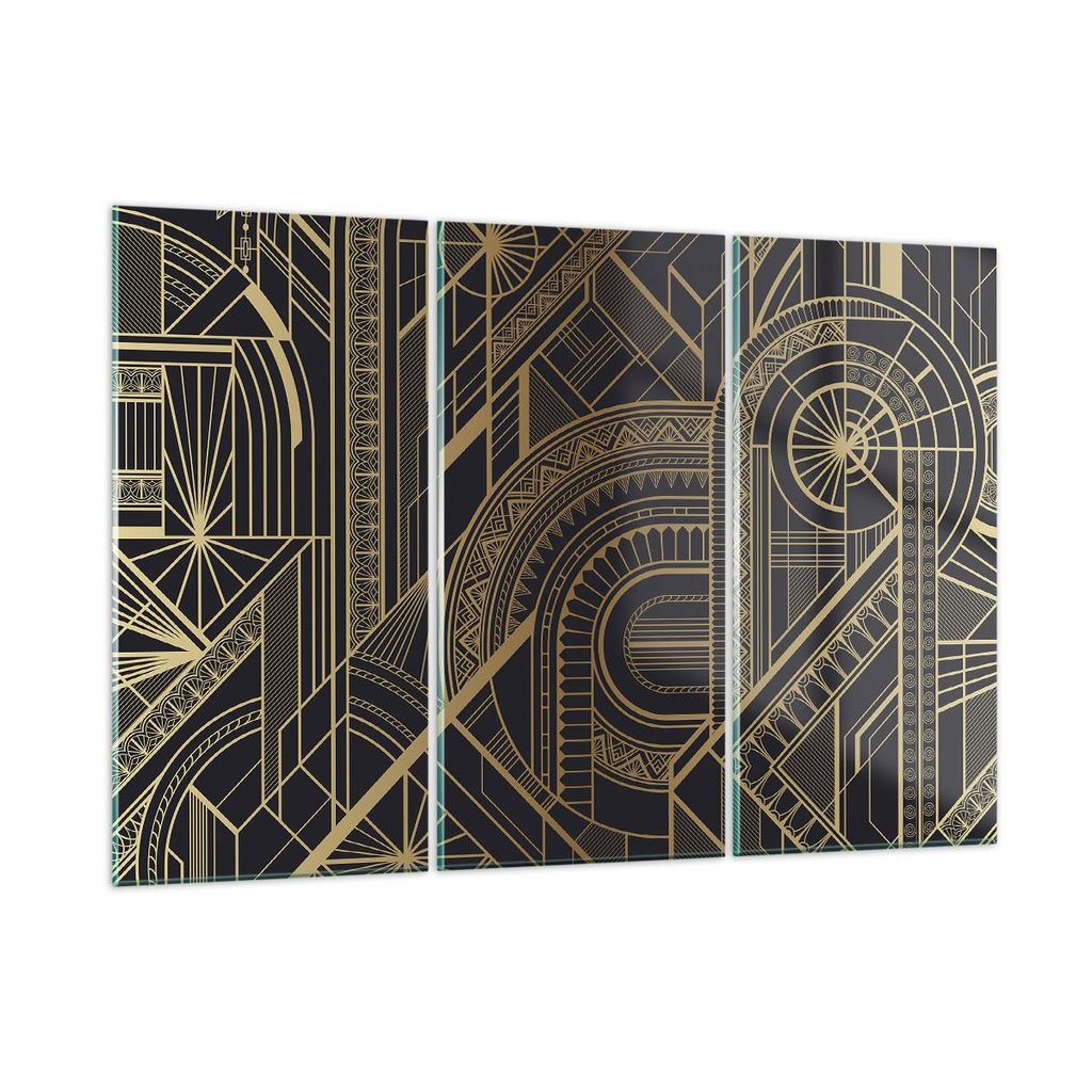 Bilder auf glas - 3 Teile - Ornament Gold Schwarz - 105x70cm - Glasbilder - Wandbilder - Bilder - zum Aufhängen bereit - Wanddekoration aus Glas -...