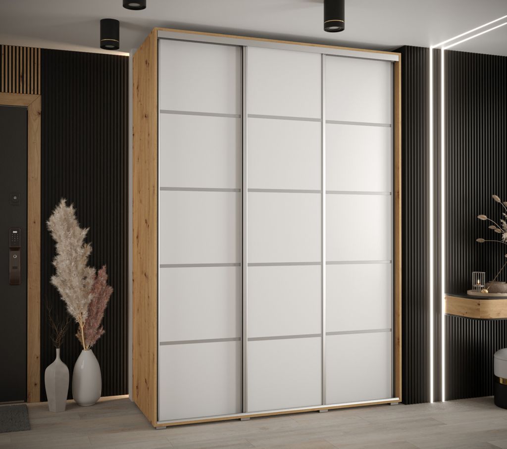 Kleiderschrank YVONA 4 – 180/60 cm, Eiche handwerklich / weiß / silber