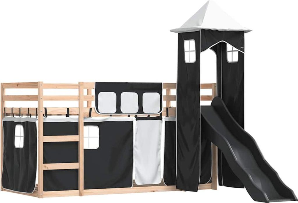 vidaXL Etagenbett mit Rutsche und Gardinen Weiß und Schwarz 80x200 cm