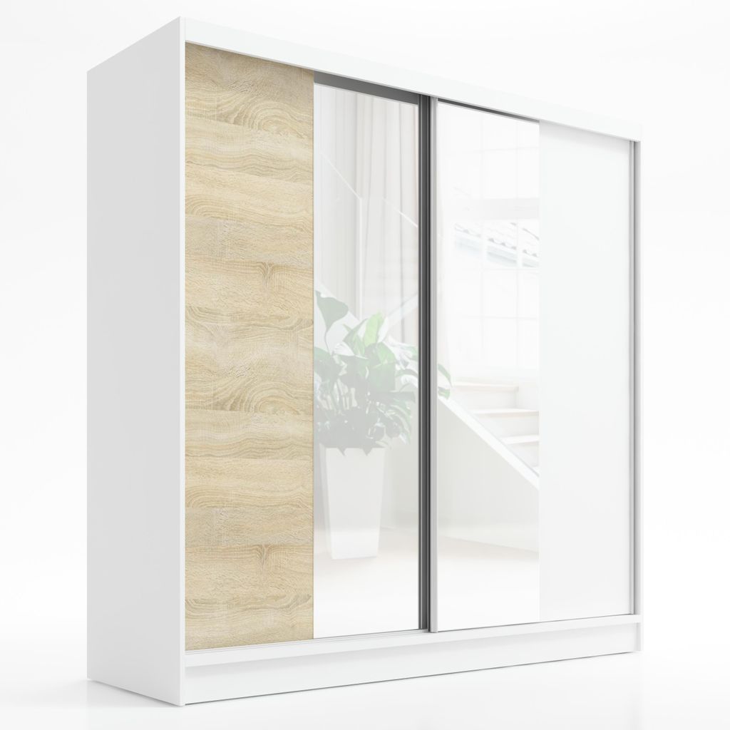 Schwebetürenschrank, 2-türig Schrank mit Spiegel SOLO 200 (Weiß , Weiß , Sonoma)