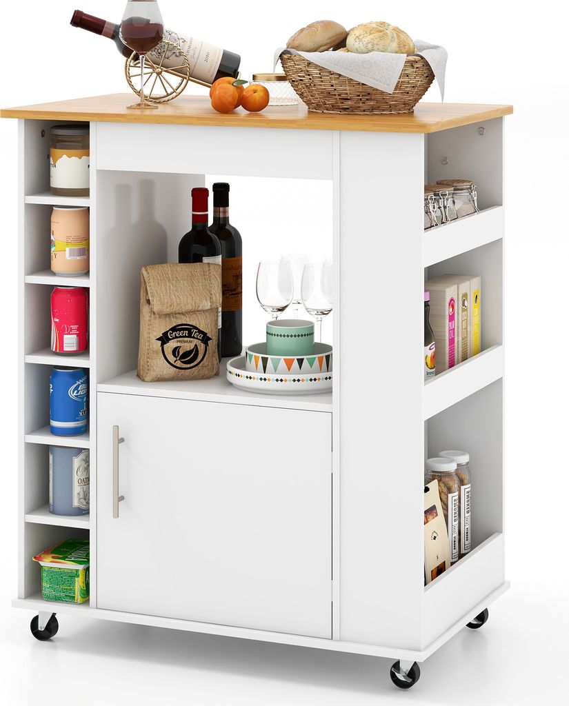 GOPLUS Küchenwagen auf Rollen, Mobile Kücheninsel mit Arbeitsplatte, Weinregal für 6 Flaschen, 2 feststellbare Universalräder, Servierwagen mit...