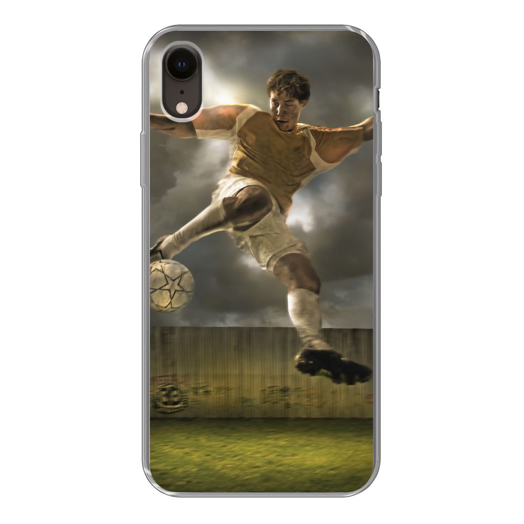 MuchoWow Handyhülle Schutzhülle Hülle für iPhone XR Eine Illustration eines Fußballspielers, der den Ball schießt - Jungen - Kinder Silikon...