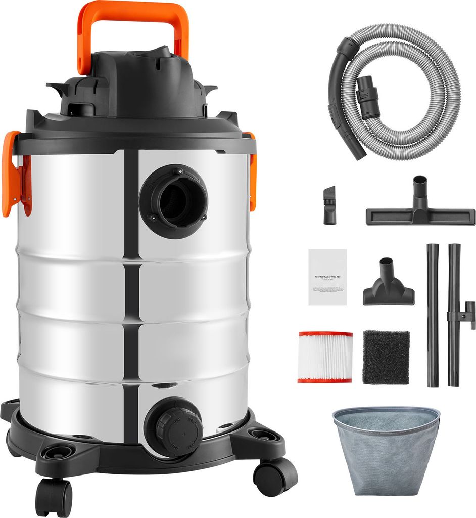 A wet/dry vacuum cleaner and its accessories are displayed against a white background.
