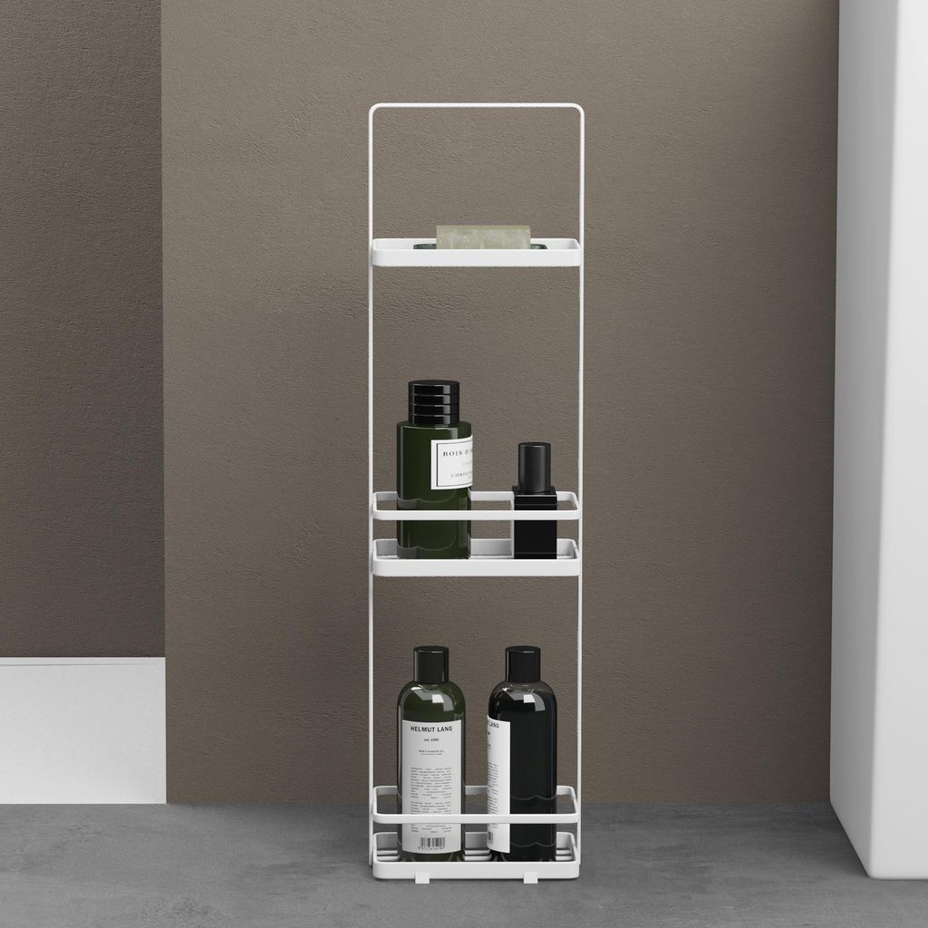 doporro Duschablage ohne Bohren 3 Ebenen Badregal Stehend Badezimmerregal Duschregal Schmales aus Metall für Badezimmer und Toilette Weiß Reglo-02