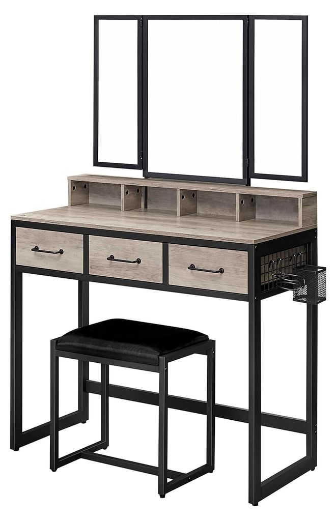 Schminktisch mit gepolstertem Hocker und dreifachem Spiegel, 3 Schubladen, Haartrocknerhalter, moderner Stil, greige-schwarz