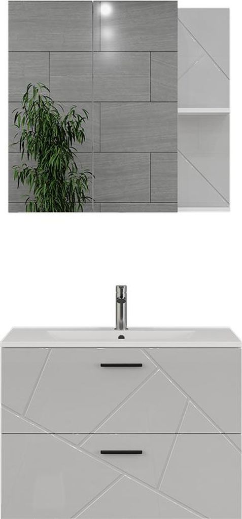 A bathroom vanity set with a sink and faucet, set against a tiled wall.