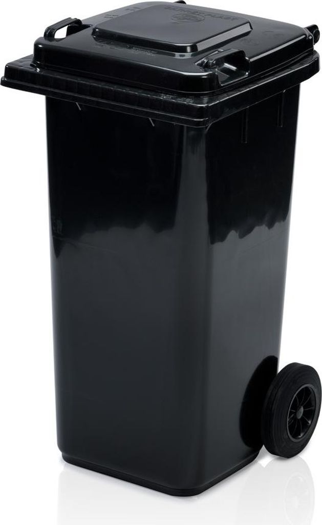 A black wheeled trash bin is shown against a white background.