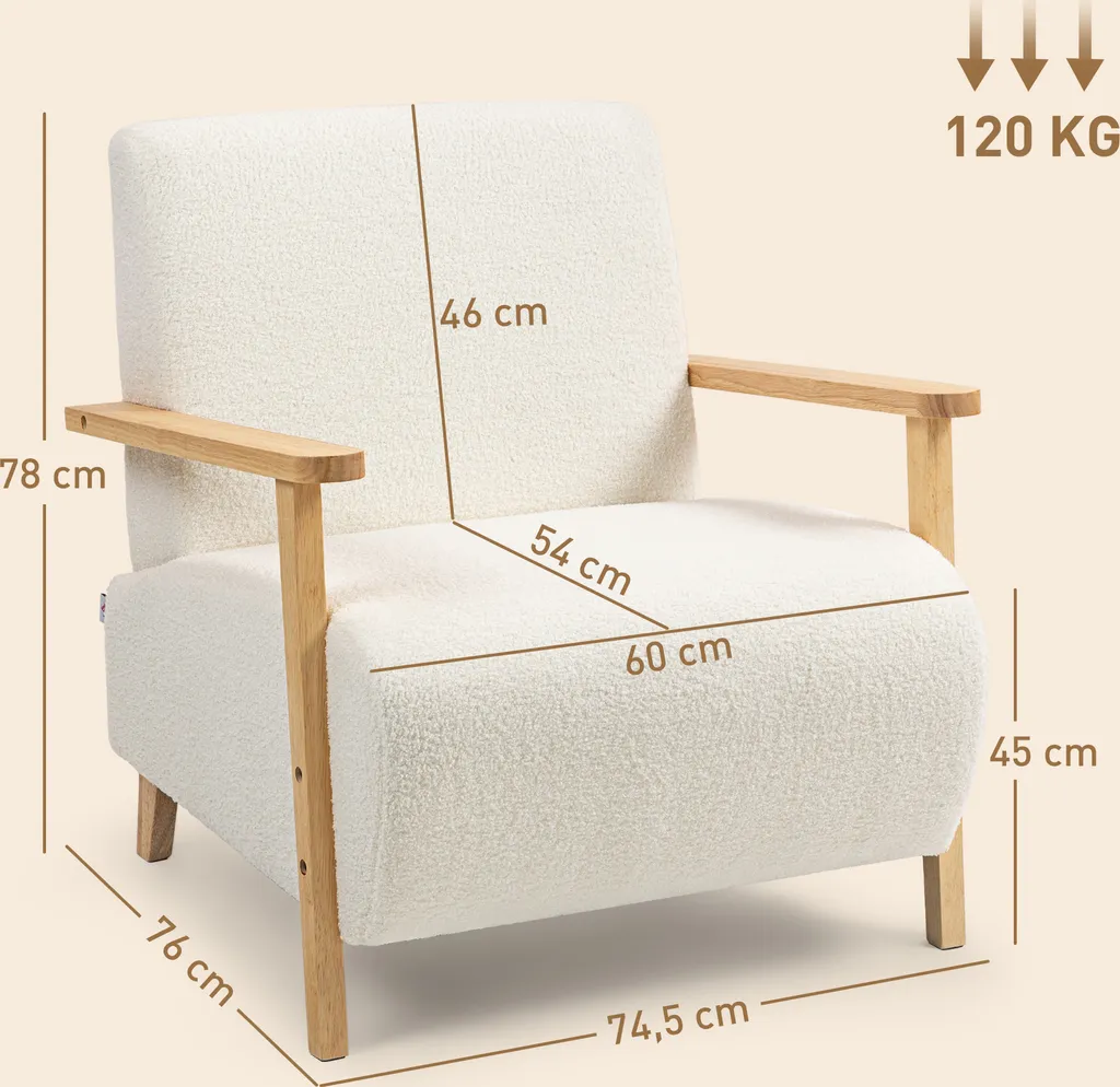 Fauteuil de salon tissu bouclé blanc crème et structure robuste bois - 5