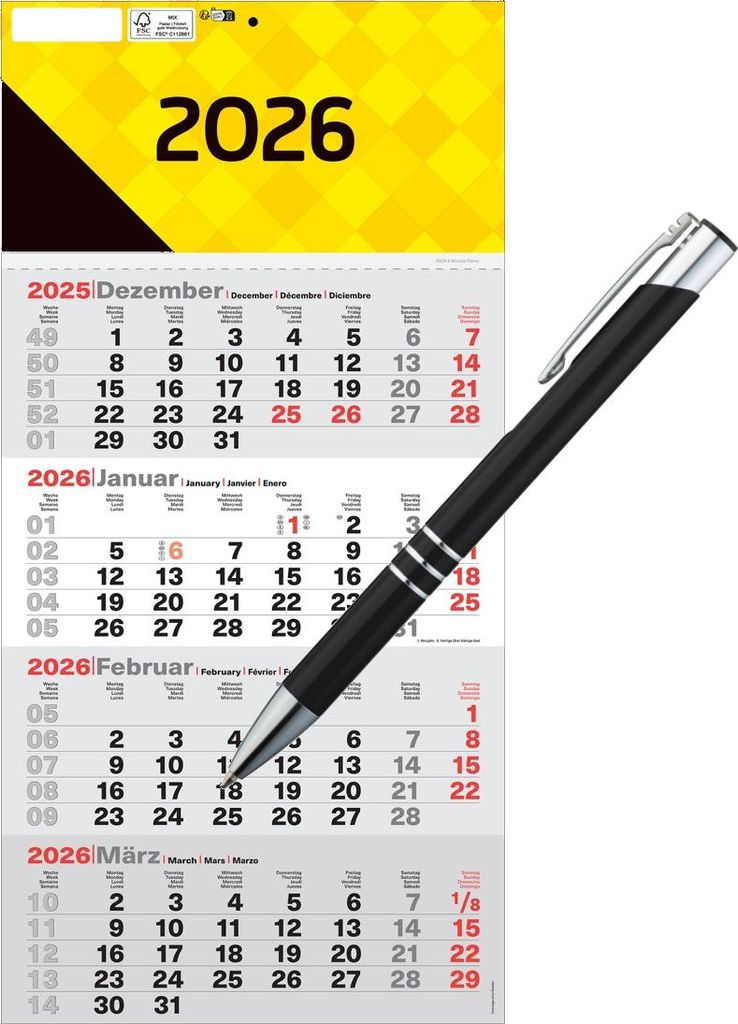 Monatskalender 2026 / 4-Monatskalender / Wandkalender + Metallkugelschreiber