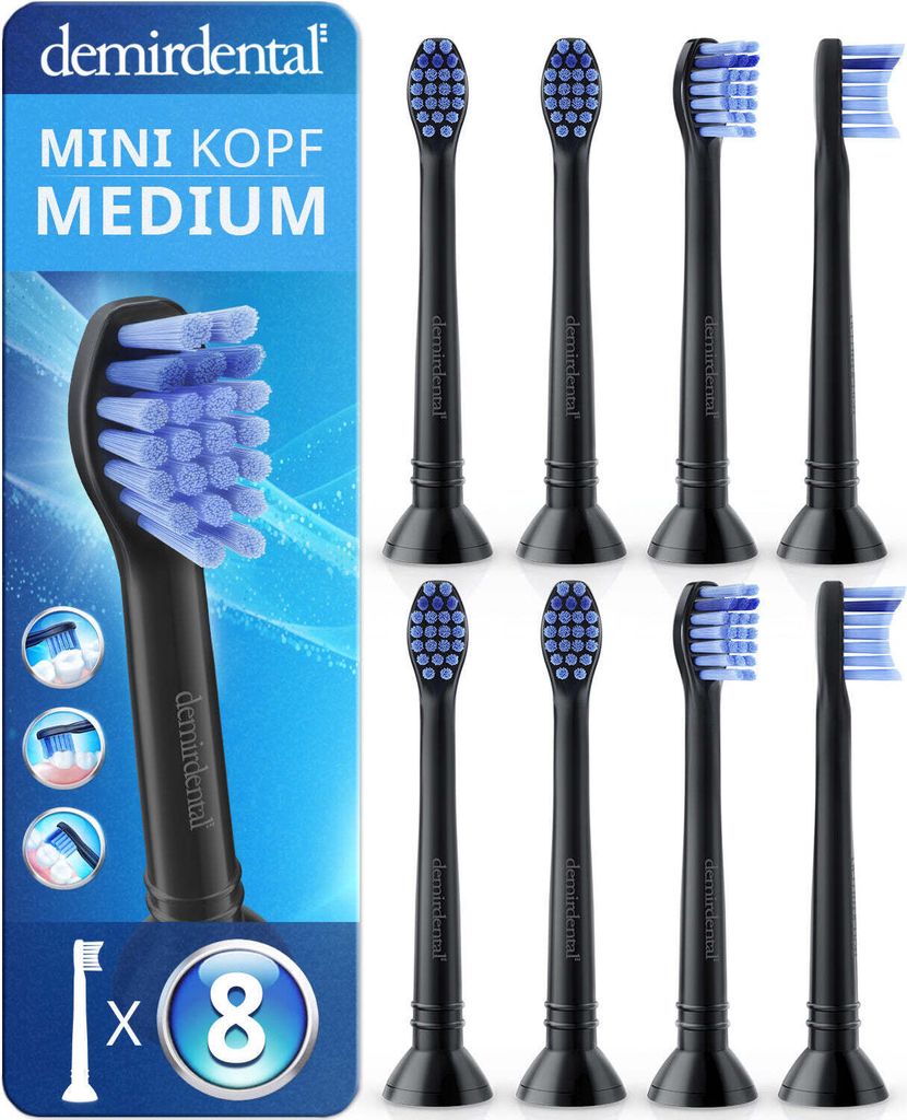 8er demirdental Mini Medium Aufsteckbürsten für Philips Sonicare Proresults | Schwarz