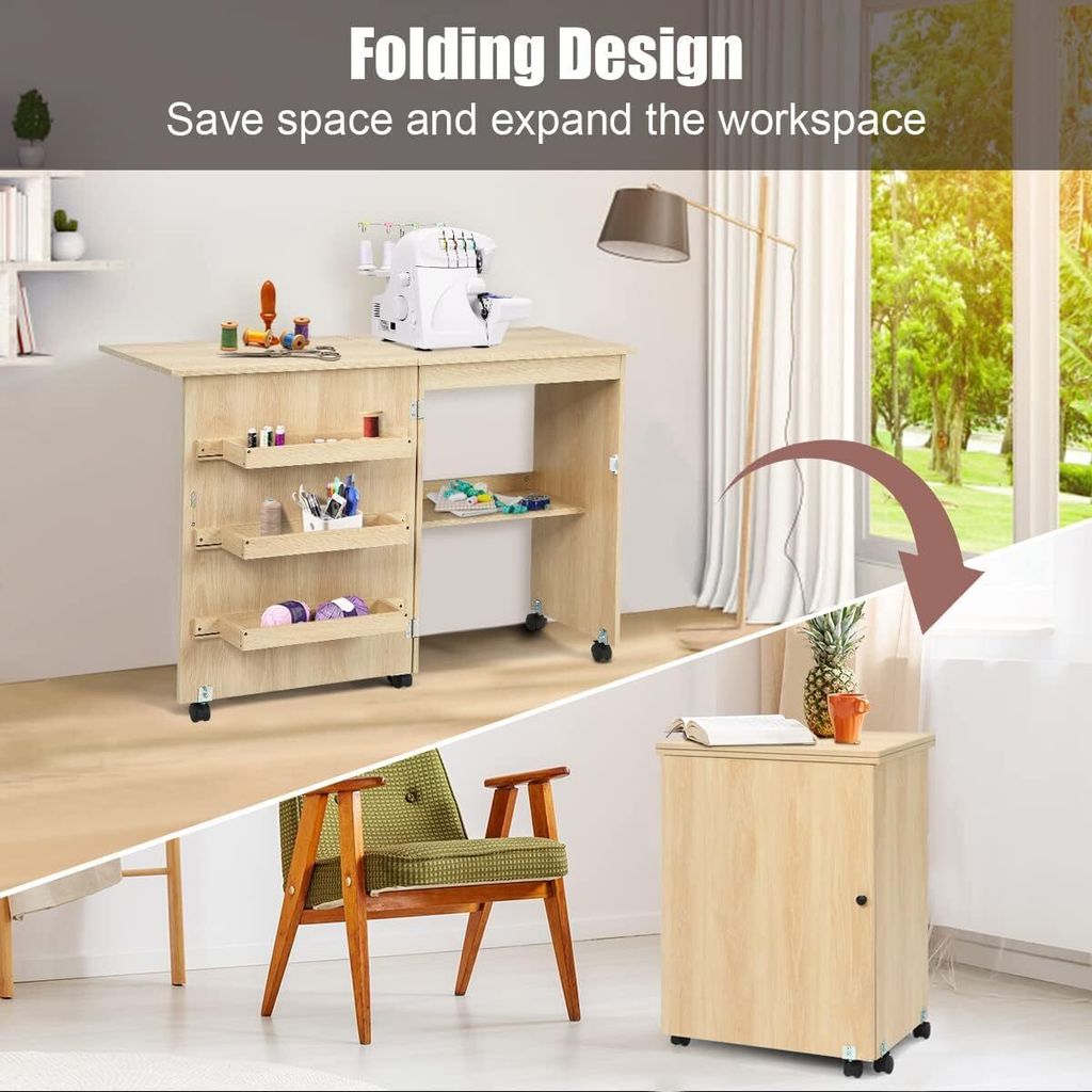 Nähtisch klappbar, Nähschrank auf Rollen, Nähmaschinentisch Produktbild 2