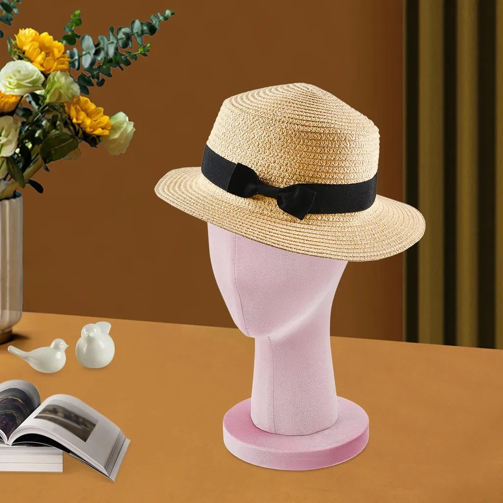 Buste d'exposition pour perruque en velours rose - Support stable 35cm