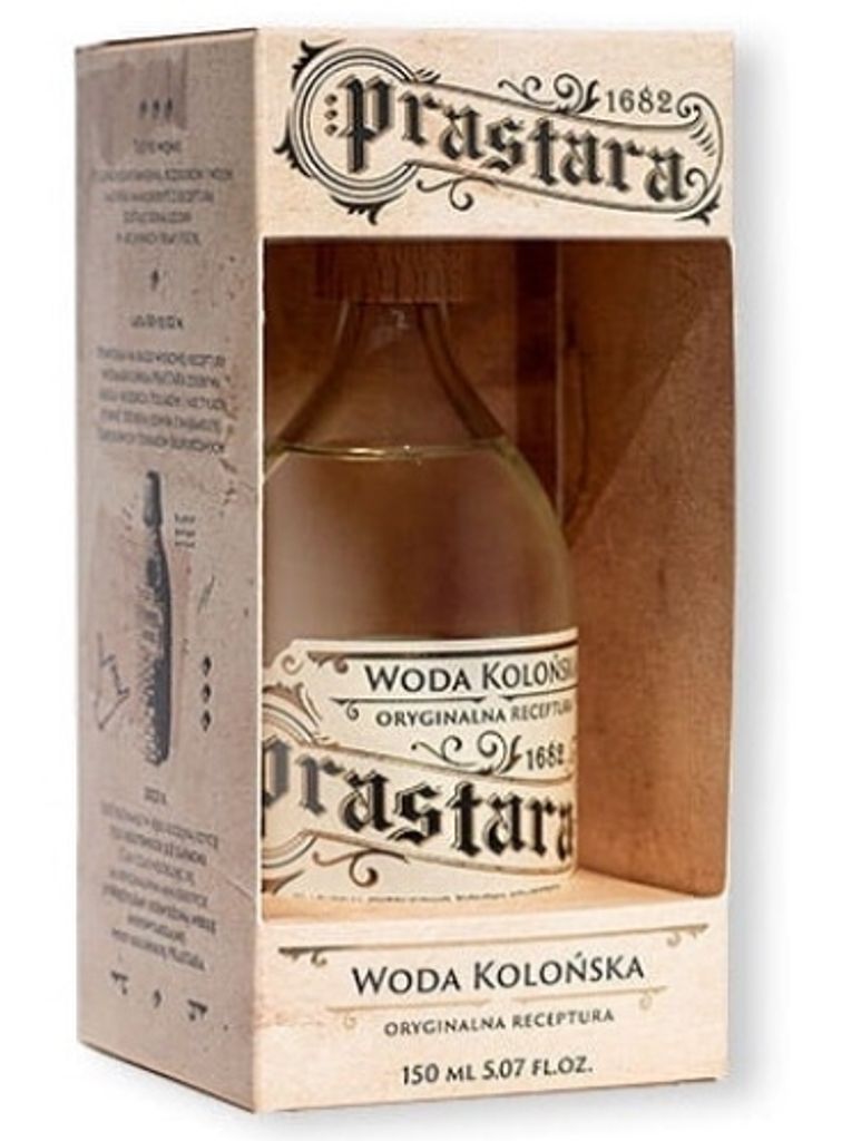 A bottle of Prastara Eau de Cologne is shown inside its packaging.