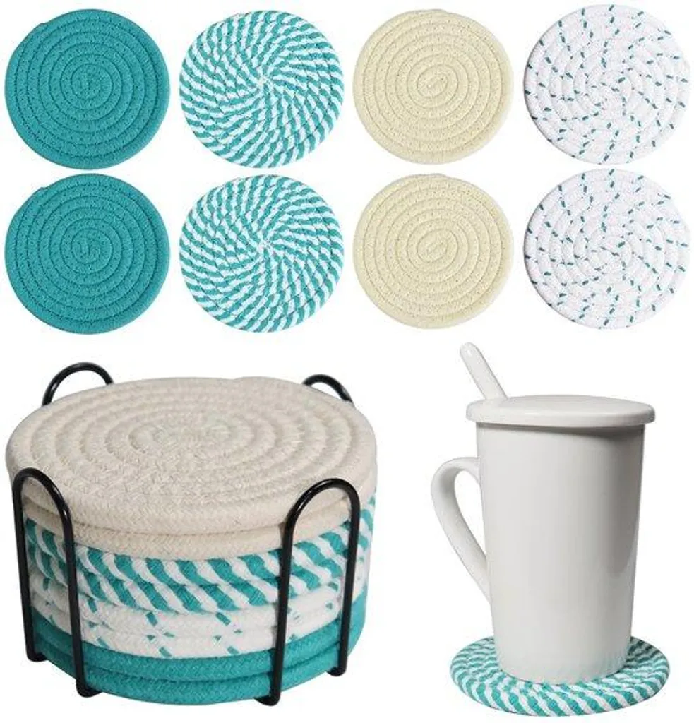 Set de 8 dessous de verre tissés avec support noir style vintage bohème