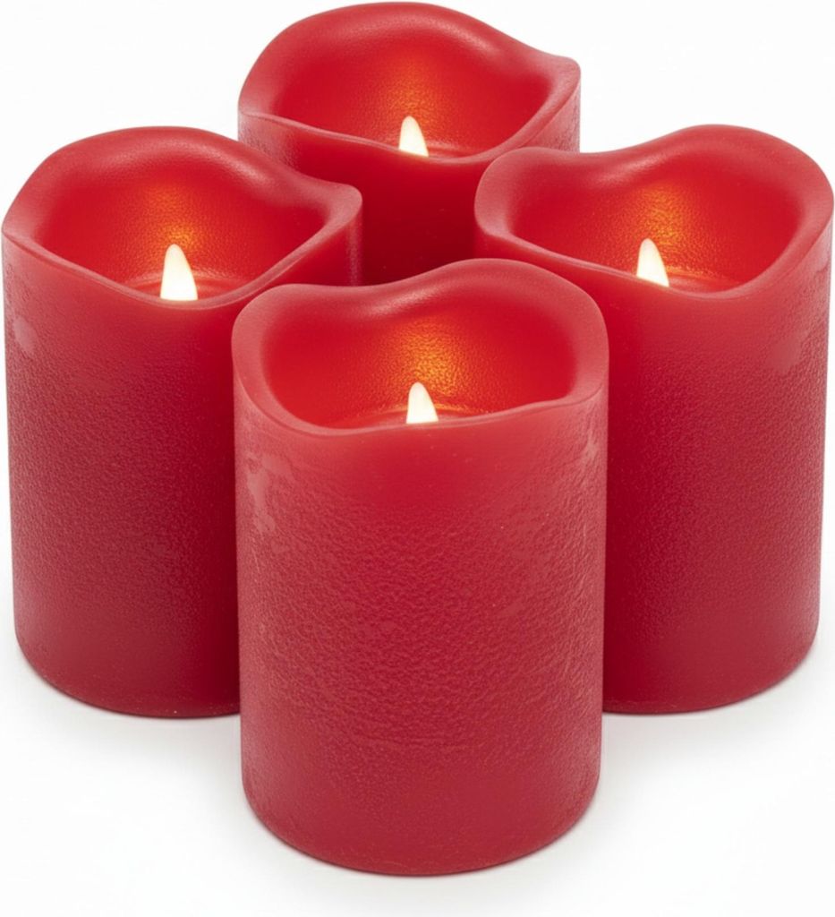 LED-Kerze 4er-Set mit Timer Kerzenlicht Echtwachskerze Hellrot Ø 7.5 x 12.5 cm